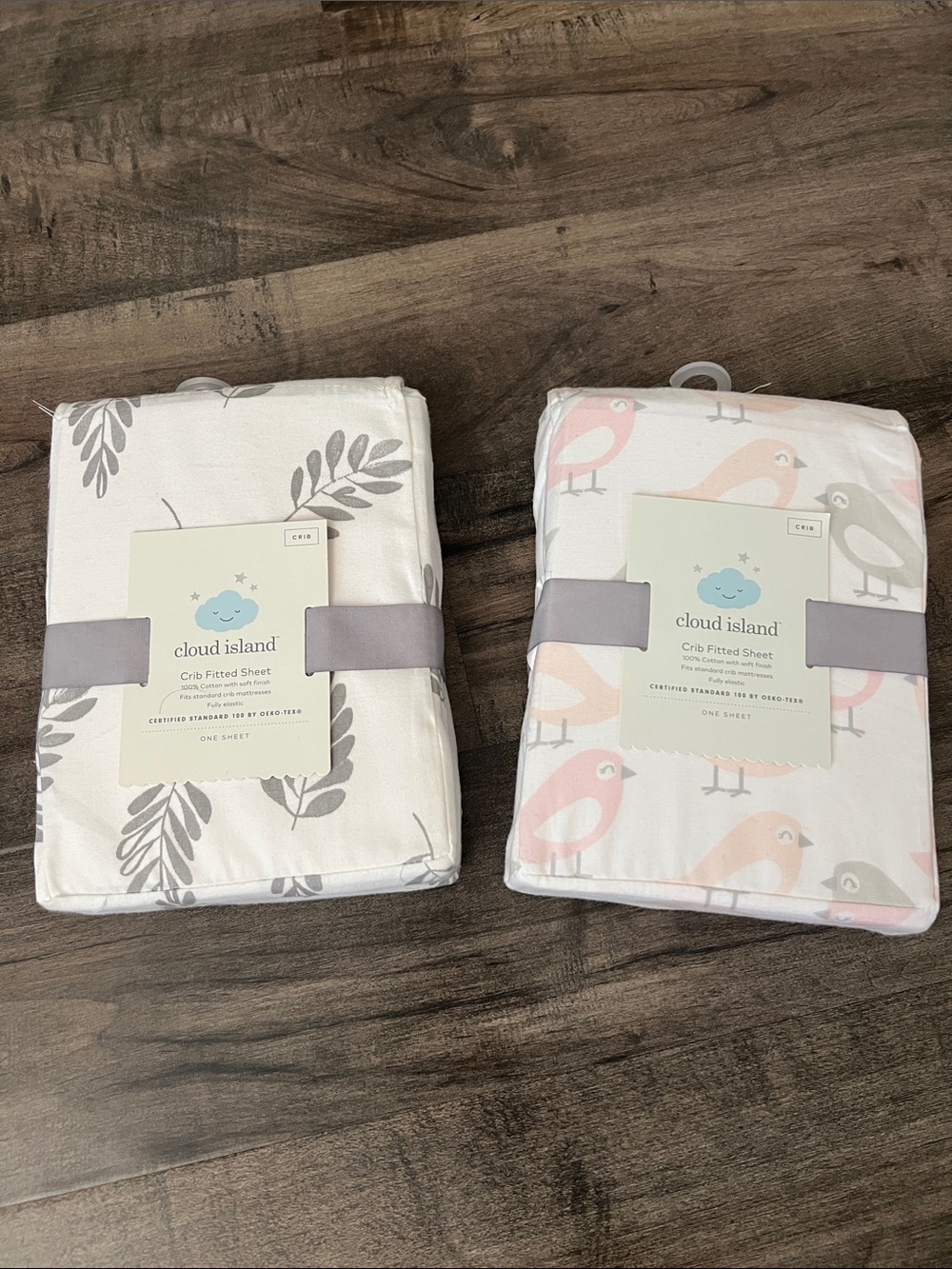 Cloud Island Crib Fitted Sheet - Gray Leaf & Pink Bird Designs